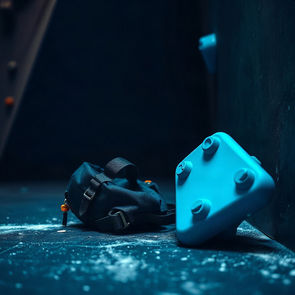 A chalk bag beside a cyan hold