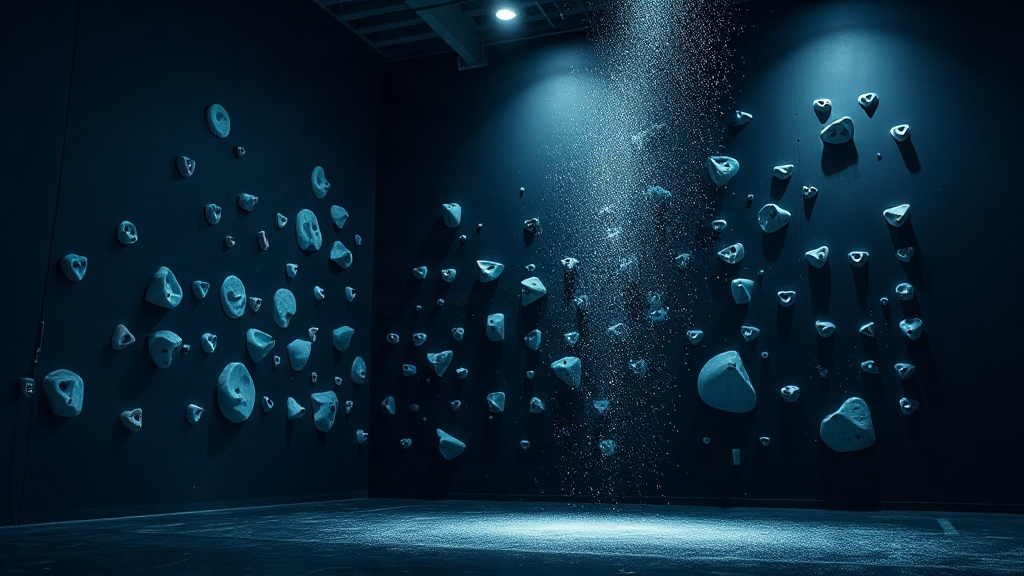 A dark climbing gym wall with blue and cyan holds